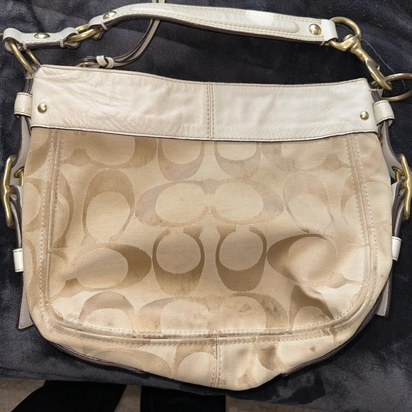 tan and creme canvas and leather coach shoulder purse - Picture 2 of 4